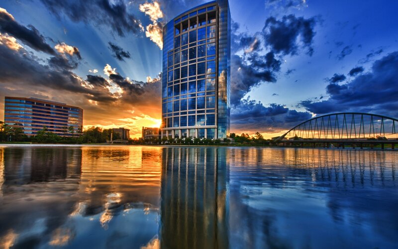 Modern Glass Skyscraper — Blue, Dramatic, Sunset