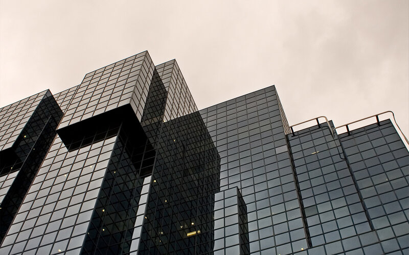 Modern Glass Skyscraper — Gray, Dramatic, Photograph