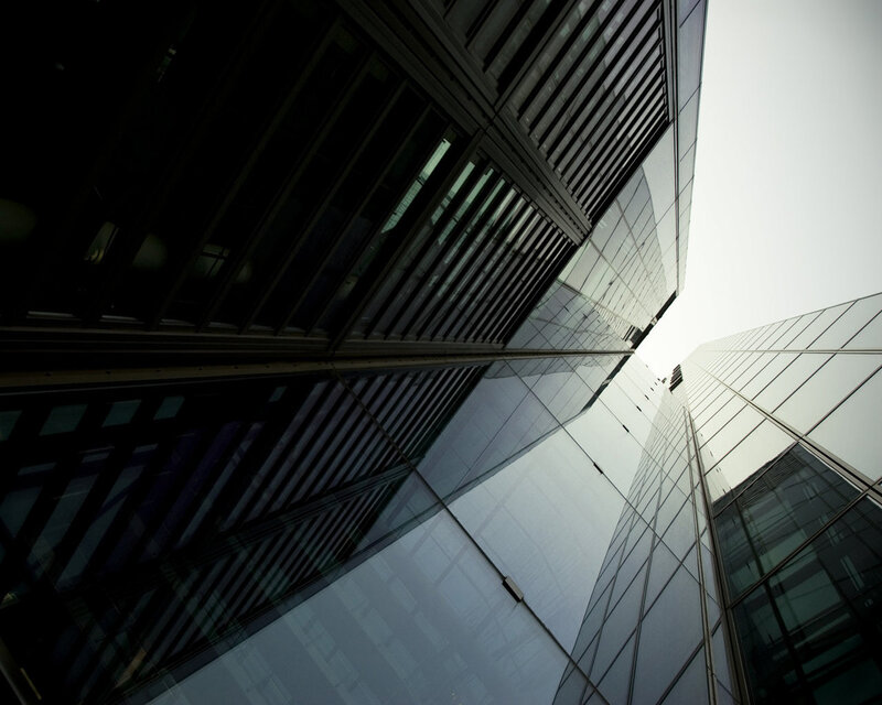Modern Glass Skyscrapers — Gray, Dramatic, Photograph