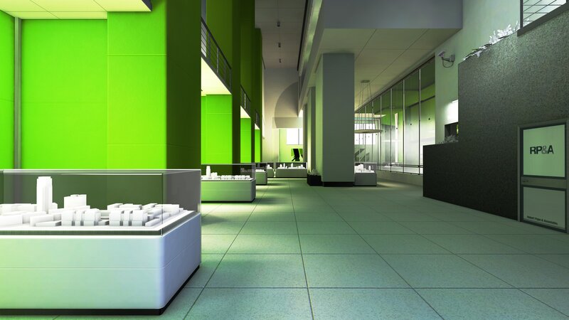 Modern green office hallway