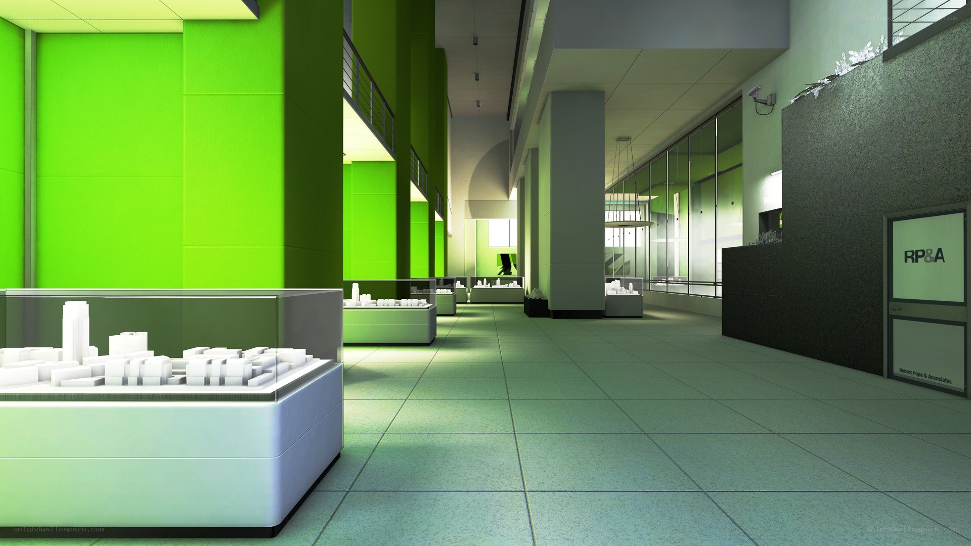 Modern green office hallway