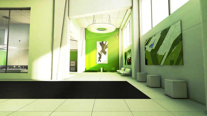 modern green office hallway