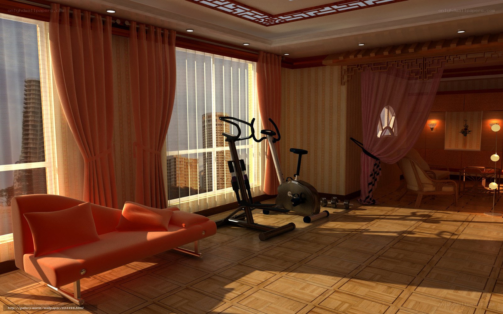 Modern gym room with city view