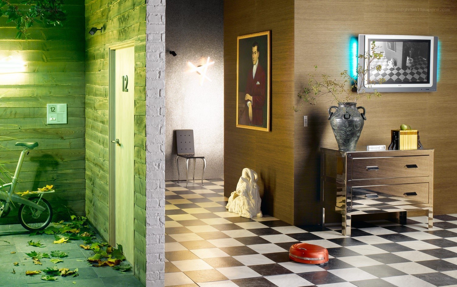 Modern hallway with robot vacuum