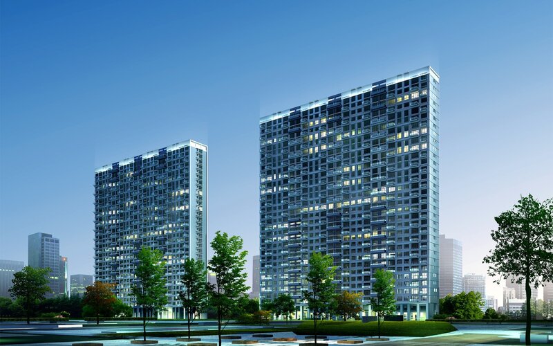 Modern high-rise apartment buildings
