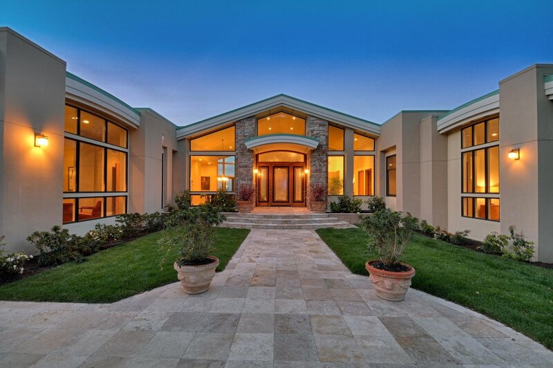 modern home entrance at dusk