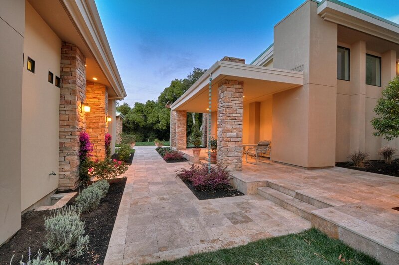 Modern home exterior at dusk