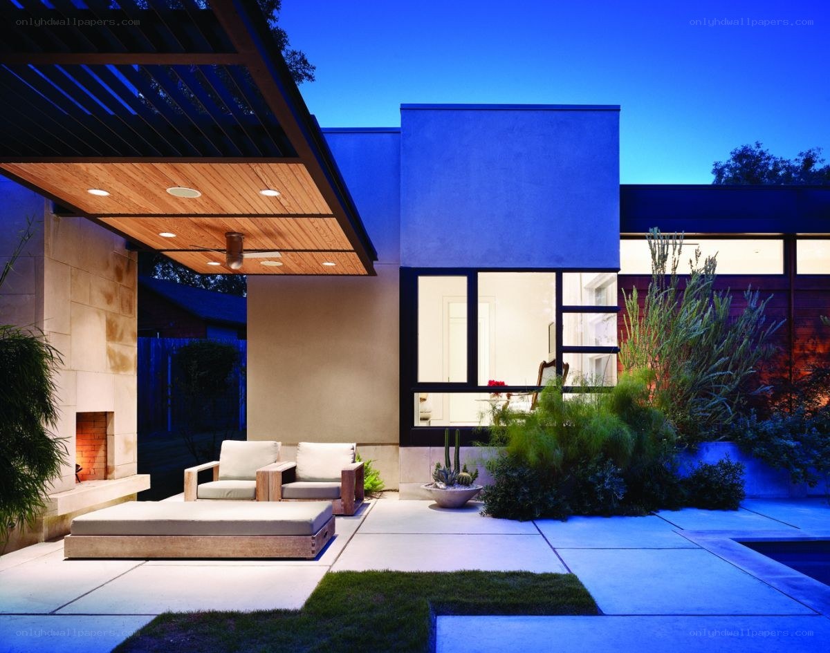 Modern home patio at dusk