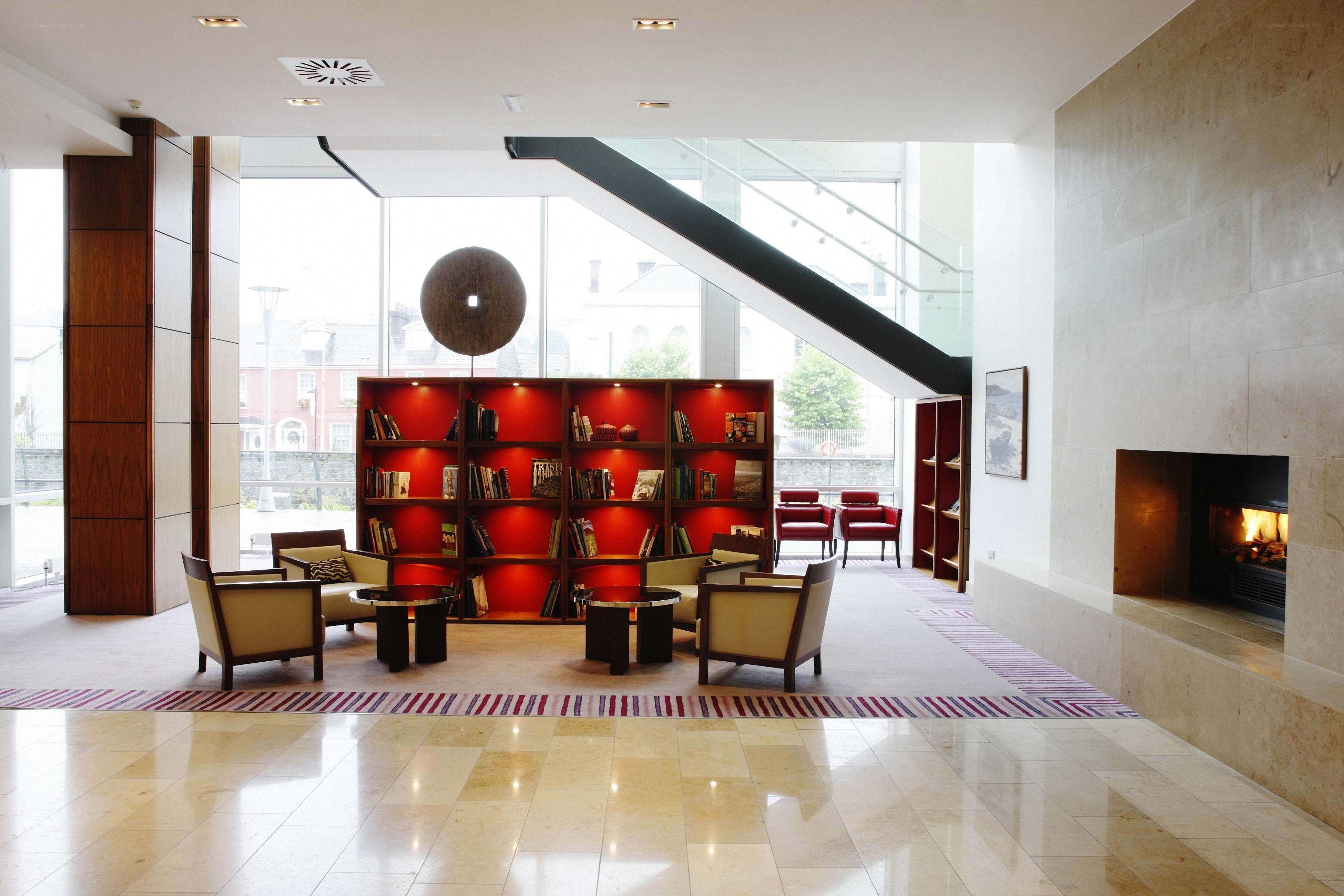 Modern hotel lobby with fireplace