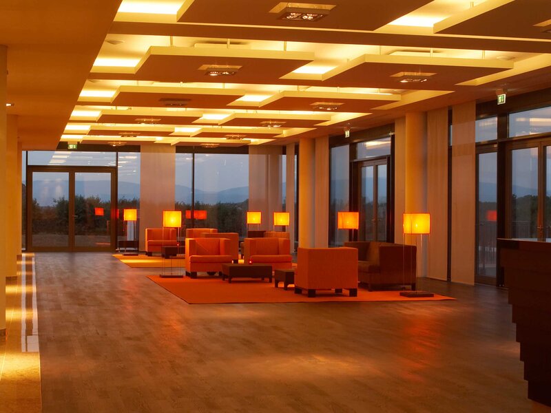 Modern hotel lobby with warm lighting