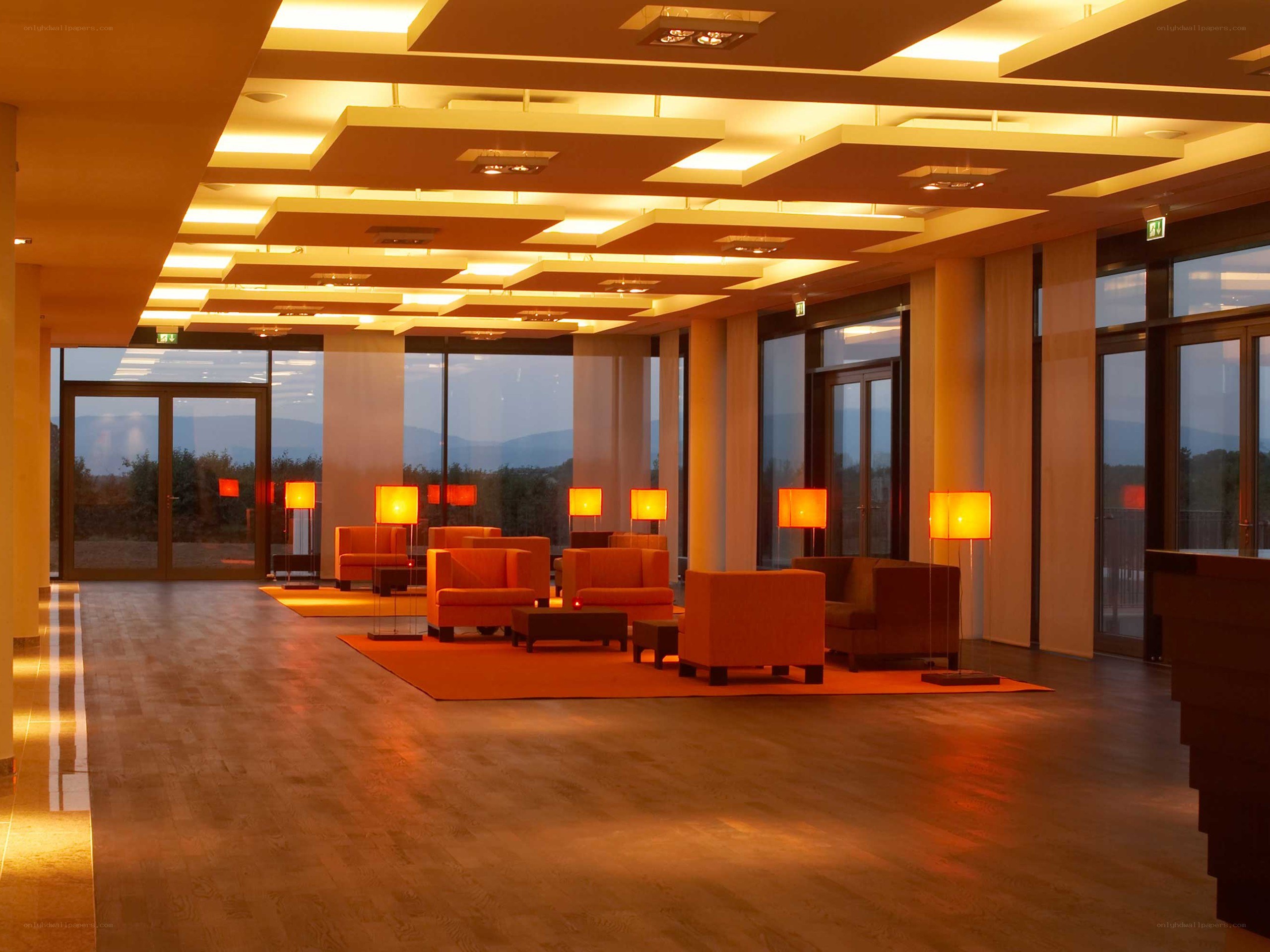 Modern hotel lobby with warm lighting