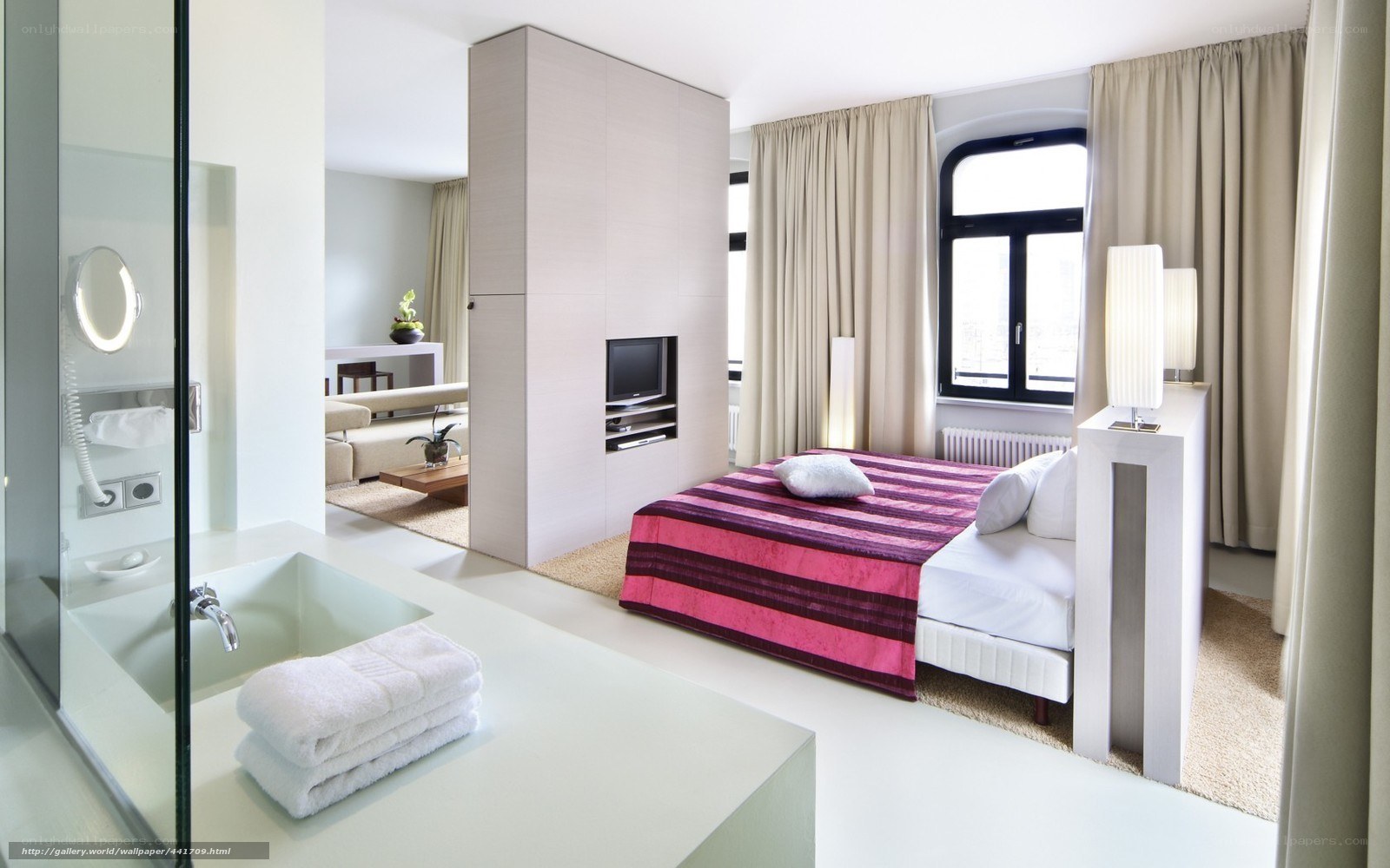 modern hotel room with bathroom