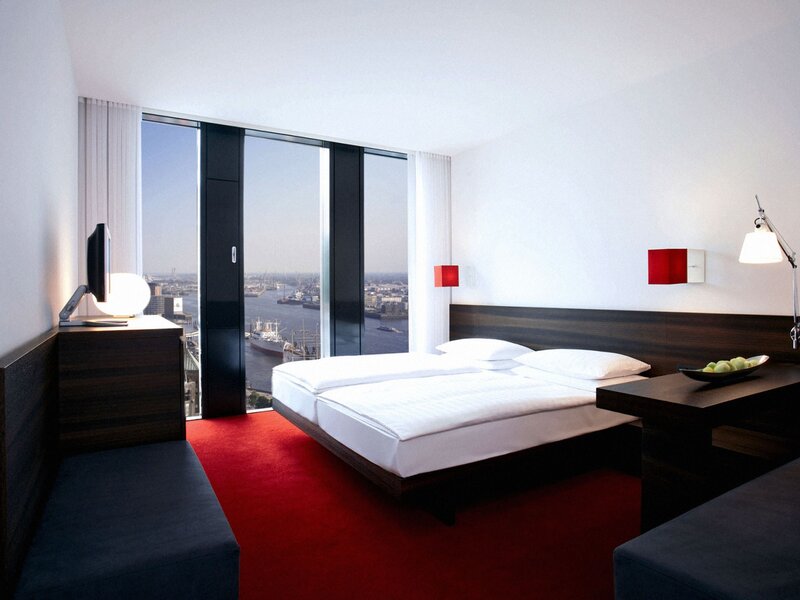 Modern hotel room with city view