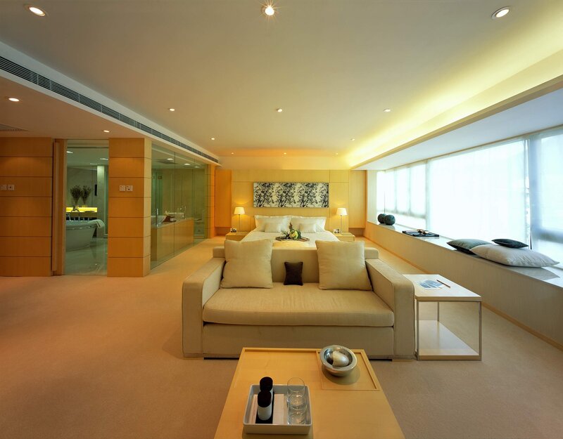 Modern hotel room with living area