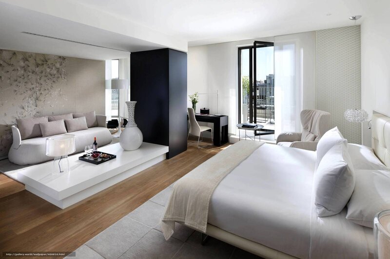Modern hotel room with living area