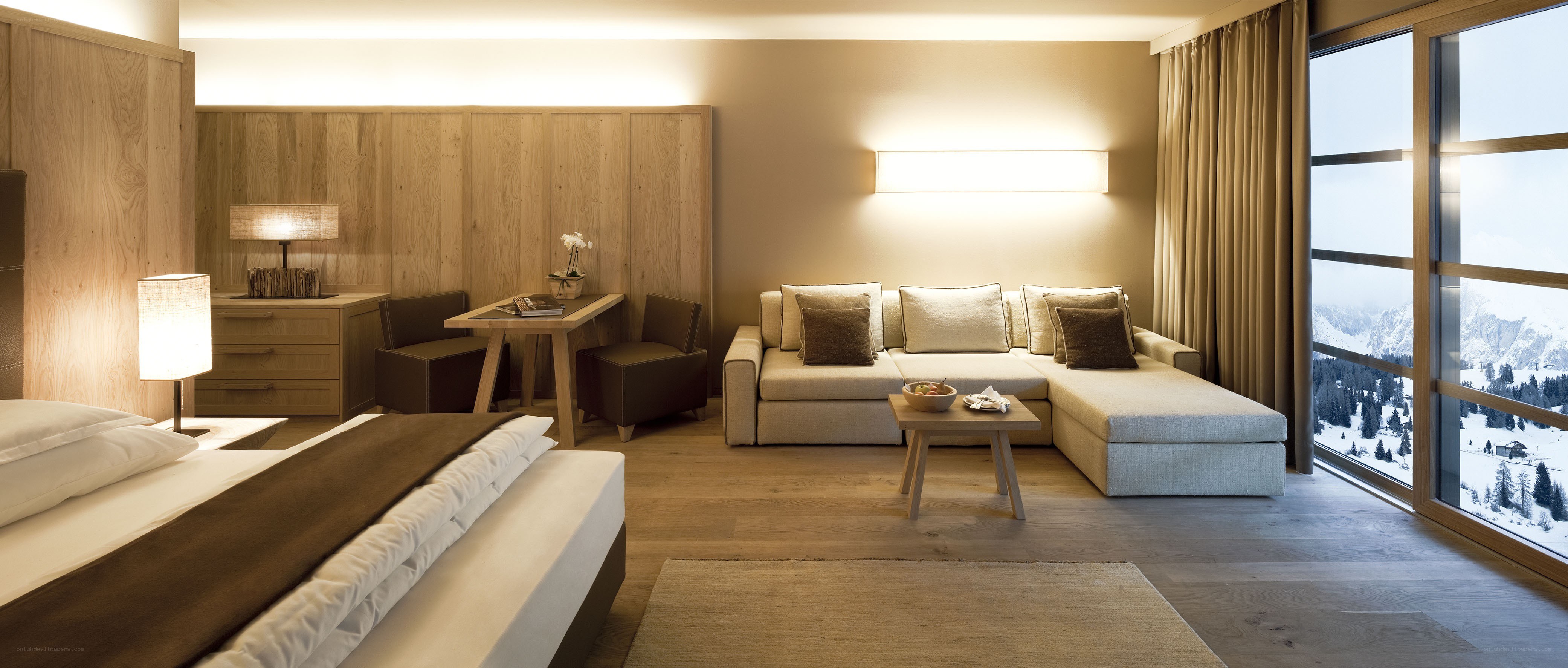 Modern hotel room with mountain view