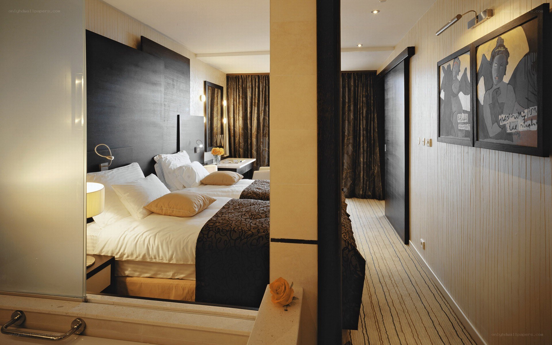 Modern hotel room with two beds