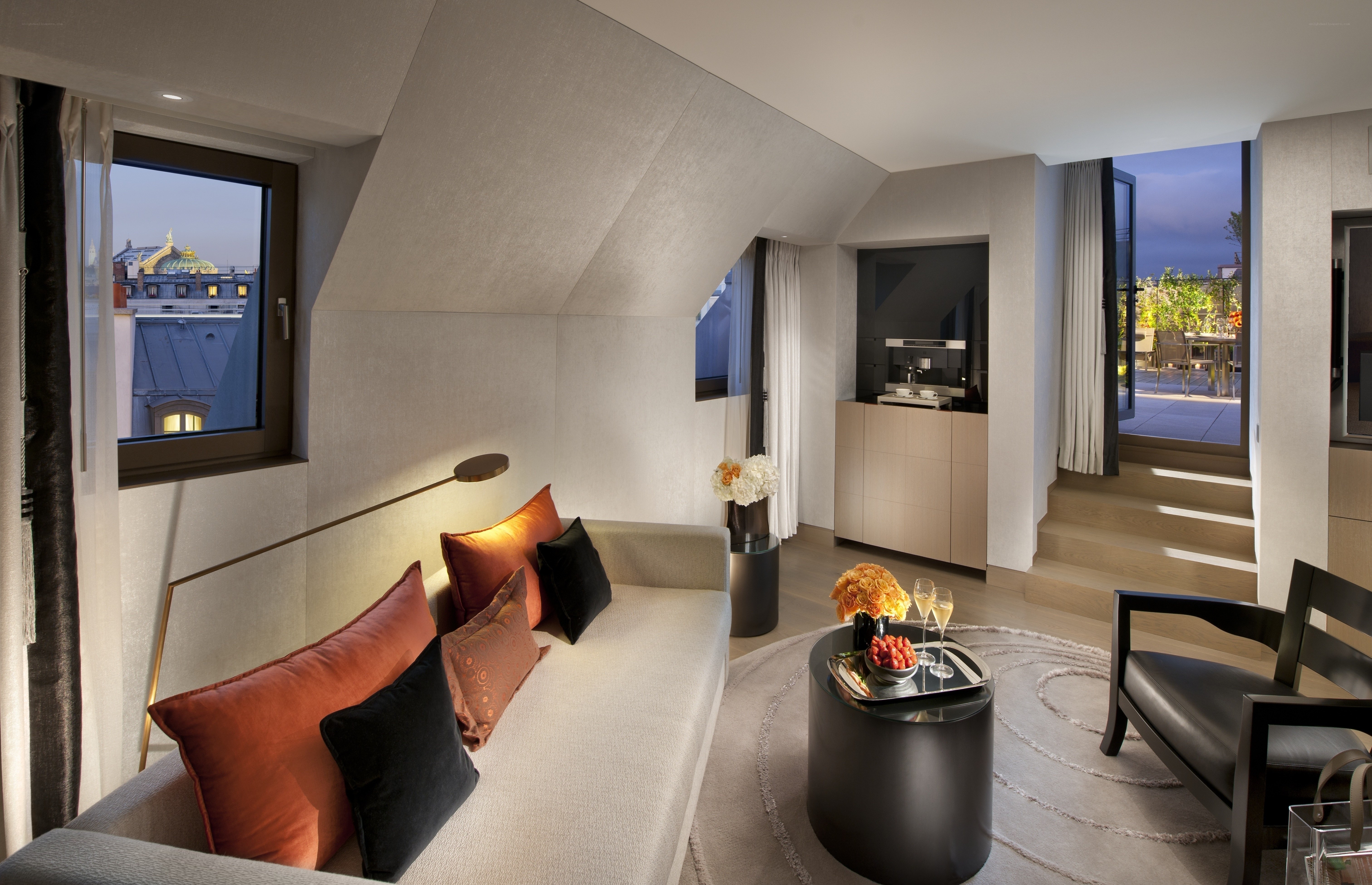 Modern hotel suite with city view