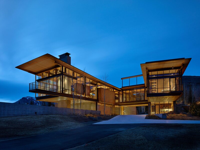 Modern House at Dusk — Blue, Serene, Night, Photograph, Mountains, Trees