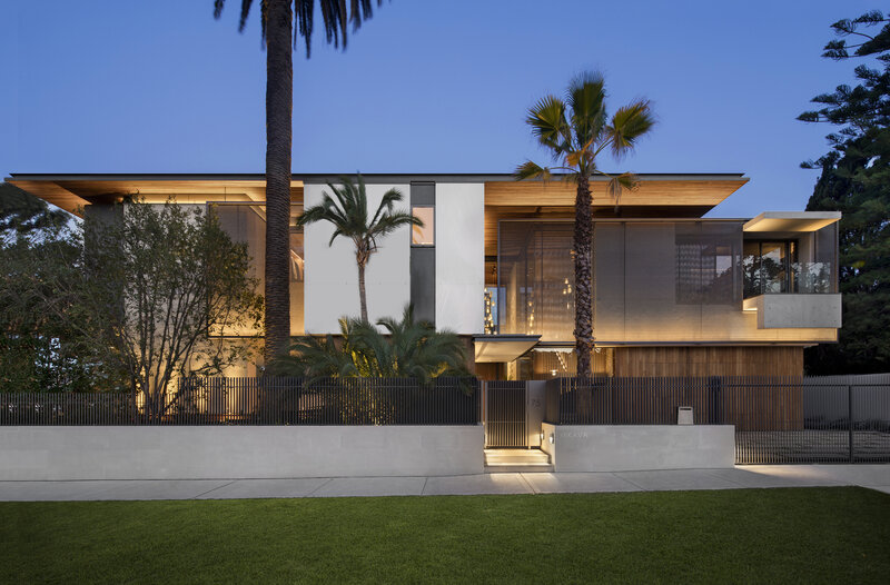 Modern House at Dusk — Blue, Serene, Night, Photograph, Palm Trees