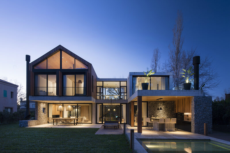 Modern House at Dusk — Blue, Serene, Night, Photograph, Pool, Garden