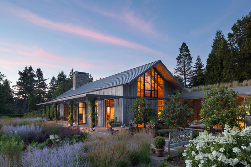 Modern House at Dusk — Blue, Serene, Sunset, Photograph, Garden