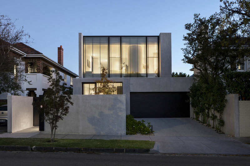 Modern House at Dusk — Gray, Serene, Sunset, Photograph