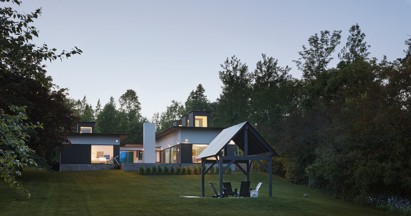 Modern House at Dusk — Green, Serene, Sunset, Photograph, Gazebo