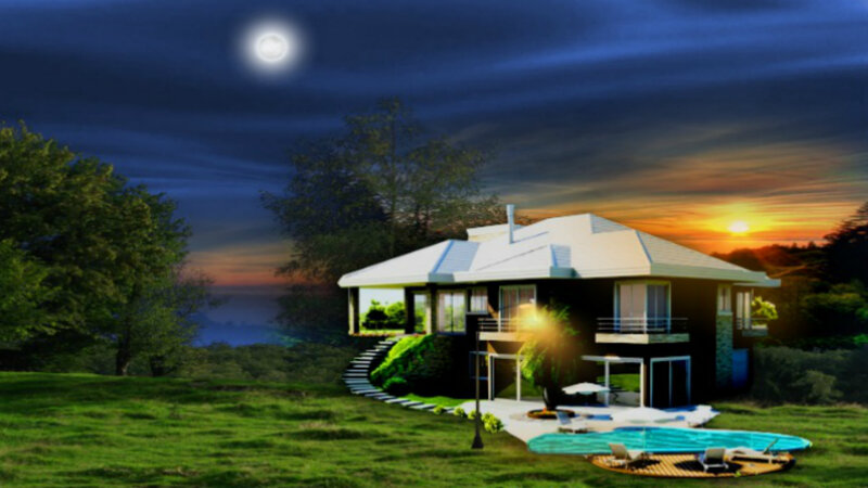 Modern House at Dusk — Green, Serene, Sunset