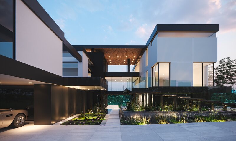 Modern House at Dusk — White, Serene, Sunset, 3d Render