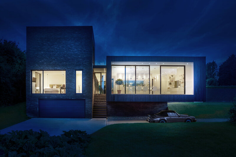 Modern House at Night — Blue, Serene, 3d Render, Car