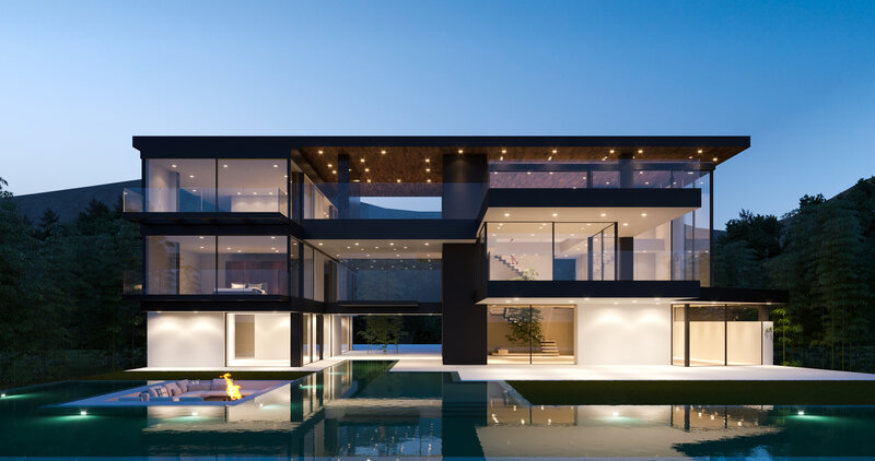 Modern House at Night — Blue, Serene, 3d Render, Pool, Fireplace