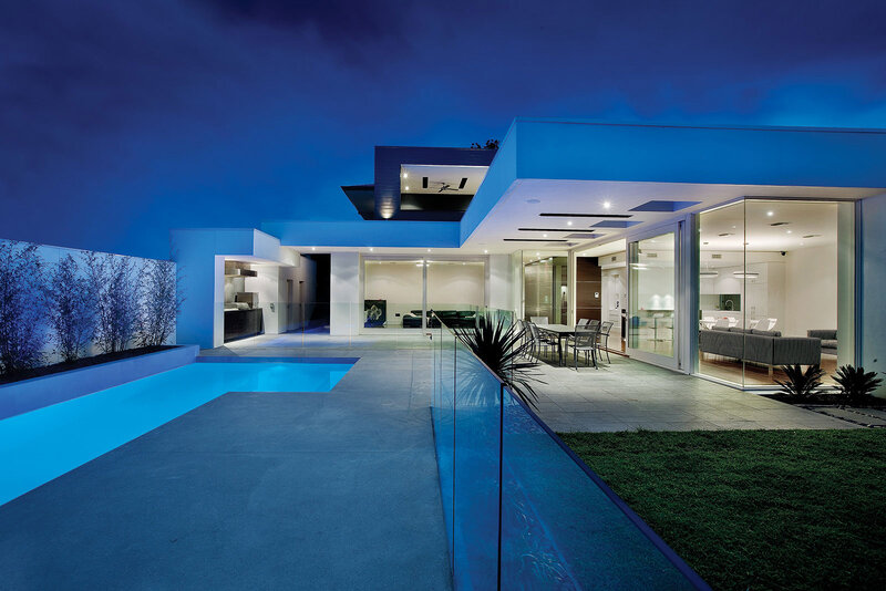 Modern House at Night — Blue, Serene, Photograph, Pool, Glass Walls
