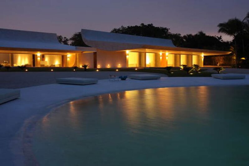 Modern House at Night — Blue, Serene, Photograph, Pool