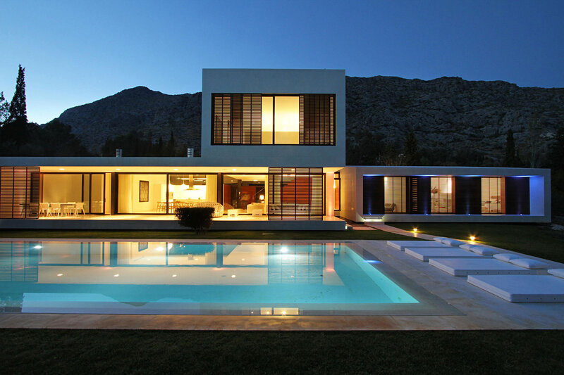 Modern House at Night — Blue, Serene, Photograph