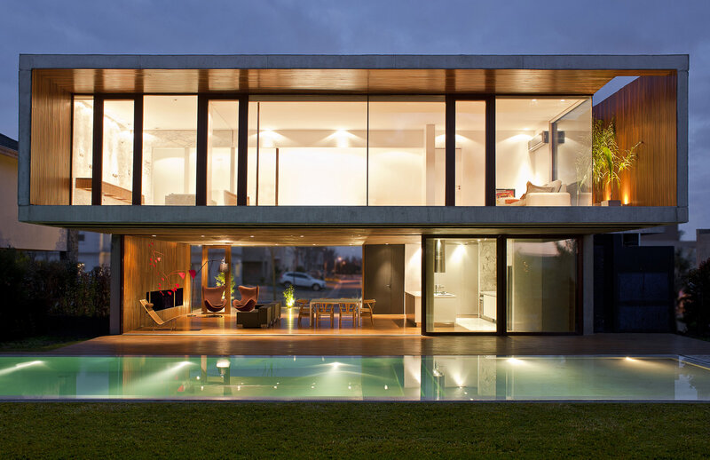 Modern House at Night — Green, Serene, Photograph