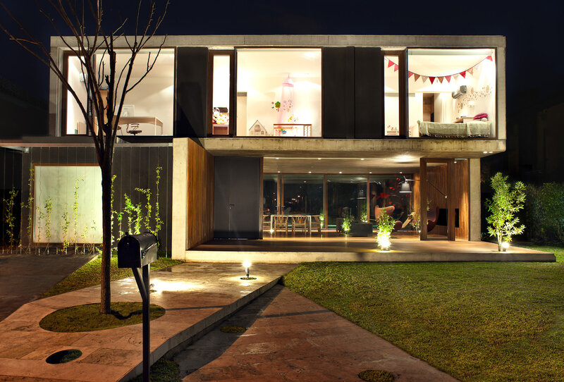Modern House at Night — Green, Serene, Photograph, Tree