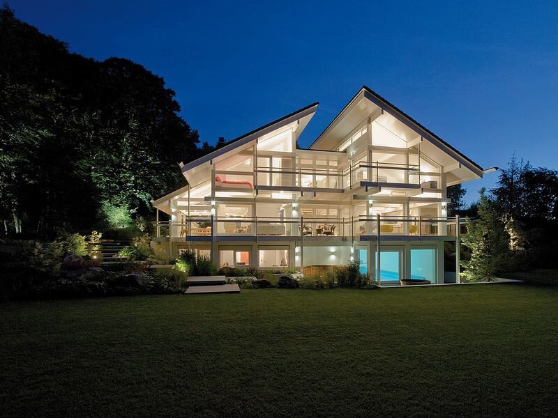 Modern House at Night — Green, Serene, Photograph, Trees, Lawn