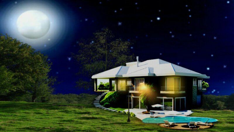 Modern House at Night — Green, Serene
