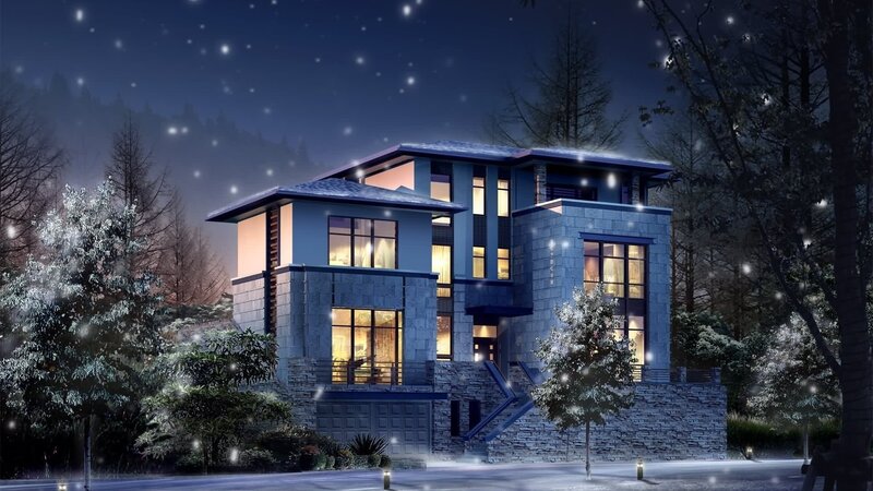 modern house at night in snow