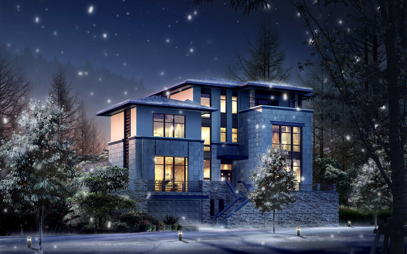 Modern house at night in snow