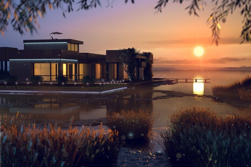 Modern house at sunset by the water