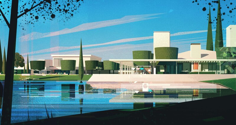 Modern House by Lake — Blue