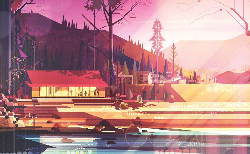 Modern House by Lake — Pink