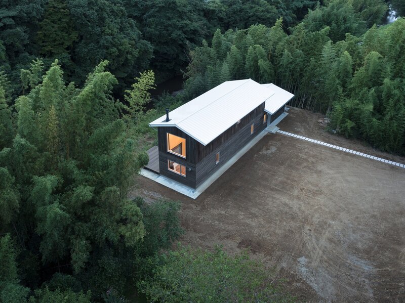 Modern House in Forest — Brown, Serene, Sunset, Photograph, River