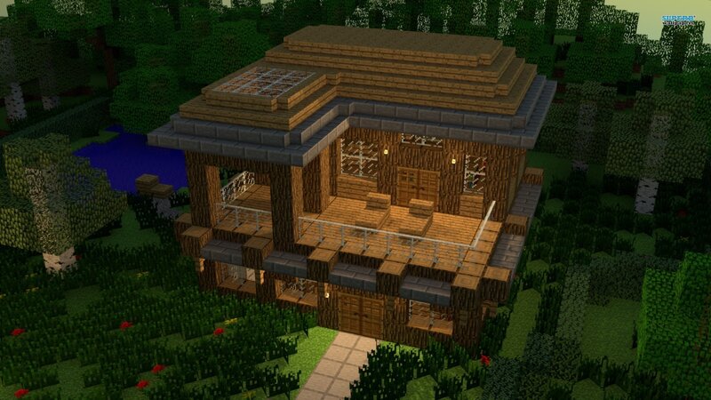 Modern House in Forest — Green, Serene, Afternoon, Pixel Art, Trees, Lake