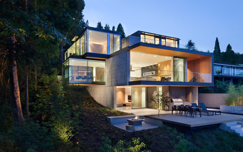 Modern House on Hillside — Blue, Serene, Night