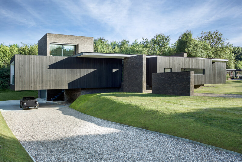 Modern House with Car — Green, Serene, Afternoon, Photograph