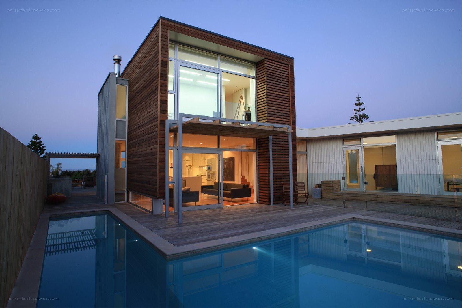 Modern house with pool at dusk