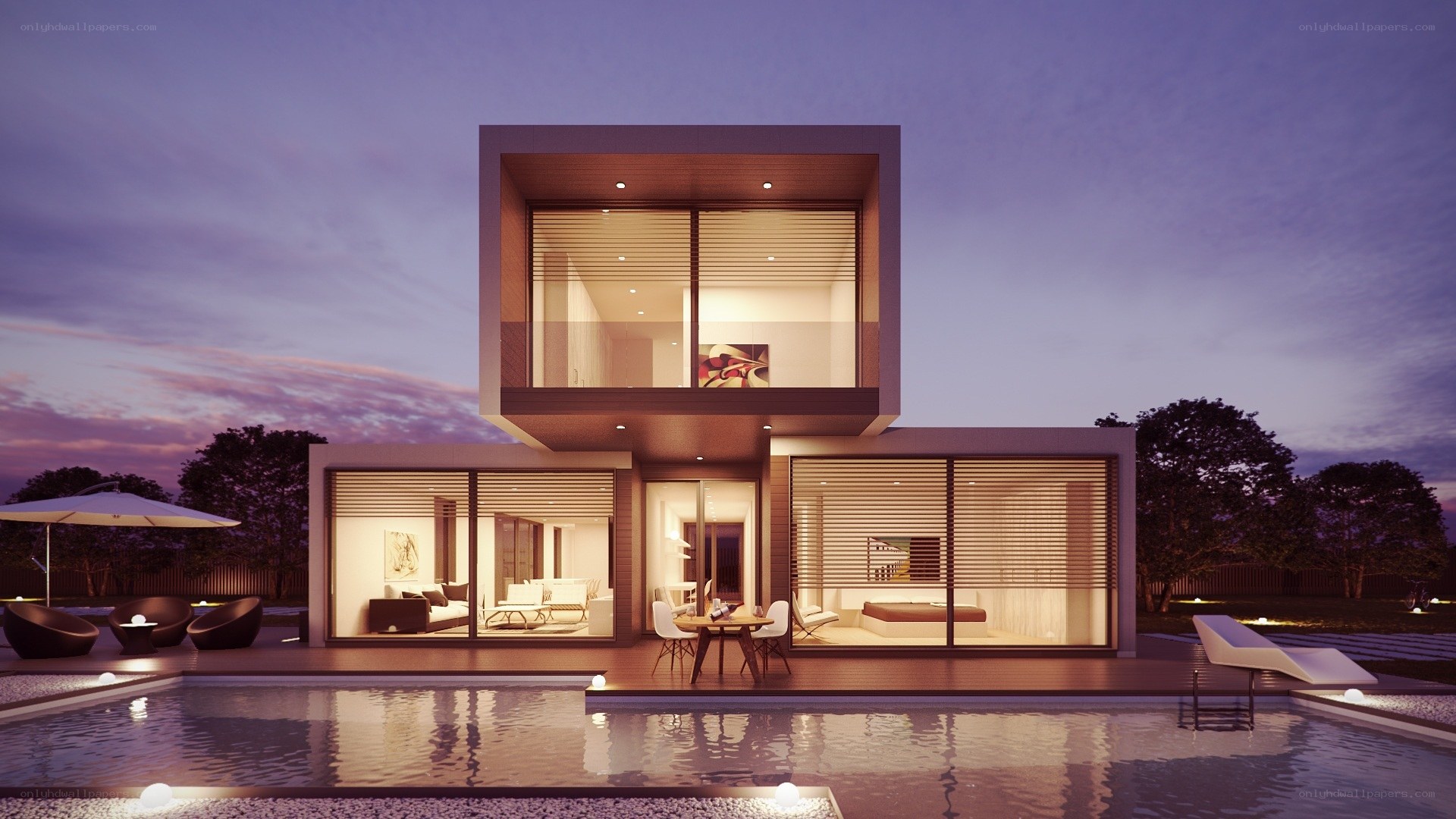 Modern house with pool at dusk